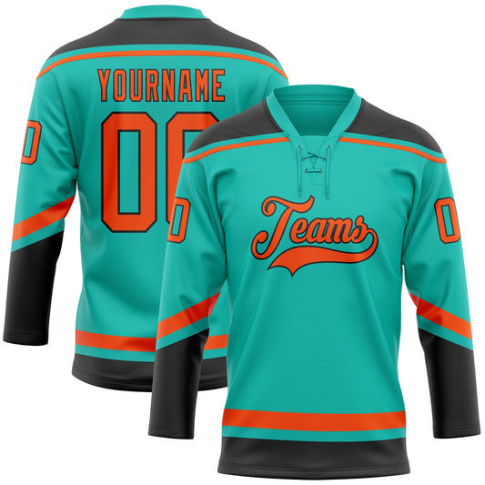 Custom Aqua Orange-Black Hockey Lace Neck Jersey - Main View