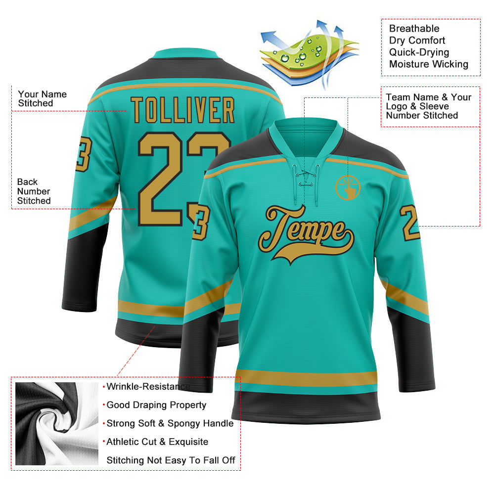 Custom Aqua Old Gold-Black Hockey Lace Neck Jersey view 3