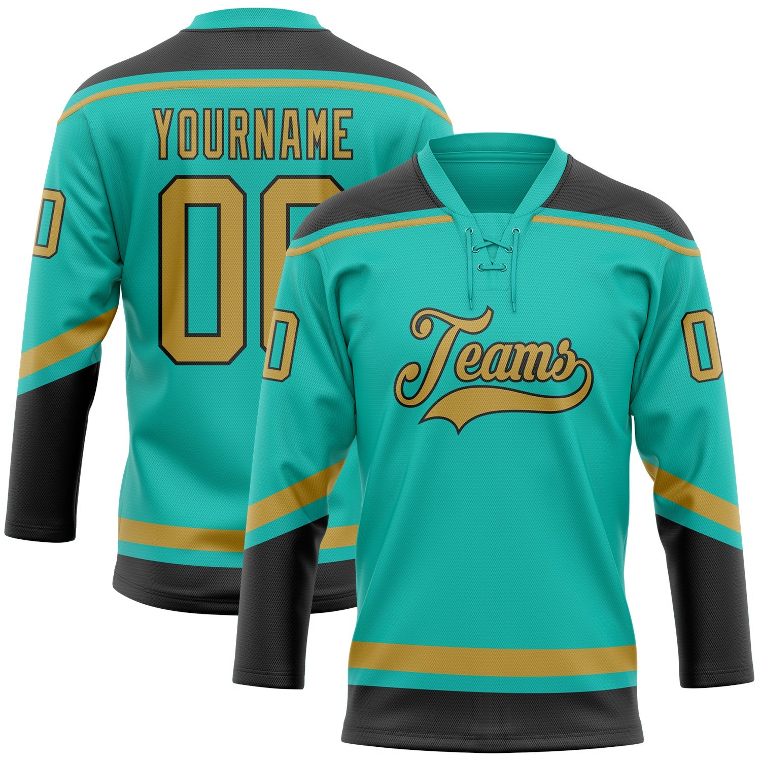 Custom Aqua Old Gold-Black Hockey Lace Neck Jersey - Main View