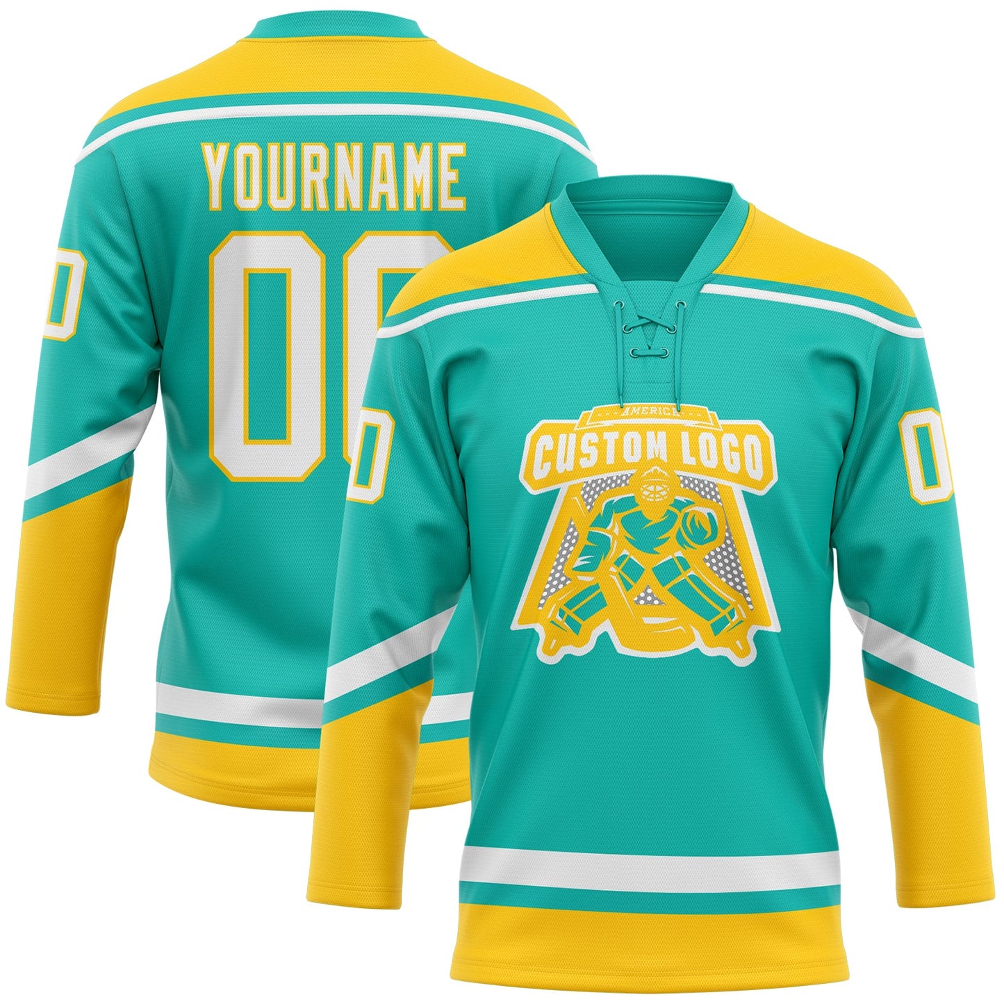 Custom Aqua White-Yellow Hockey Lace Neck Jersey view 2