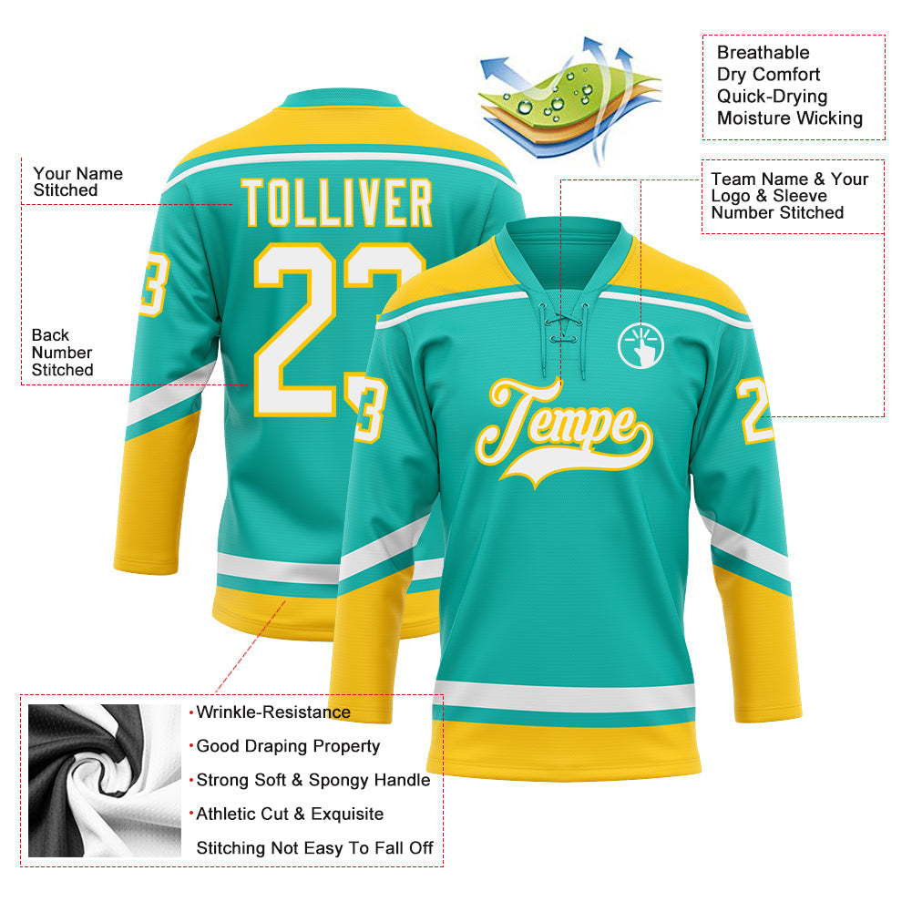 Custom Aqua White-Yellow Hockey Lace Neck Jersey view 3