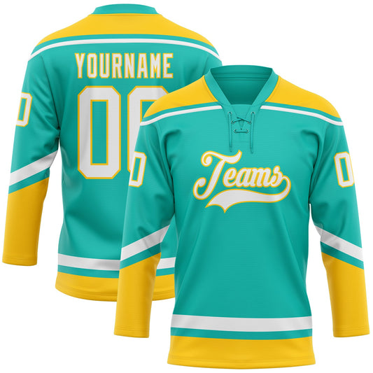 Custom Aqua White-Yellow Hockey Lace Neck Jersey - Main View