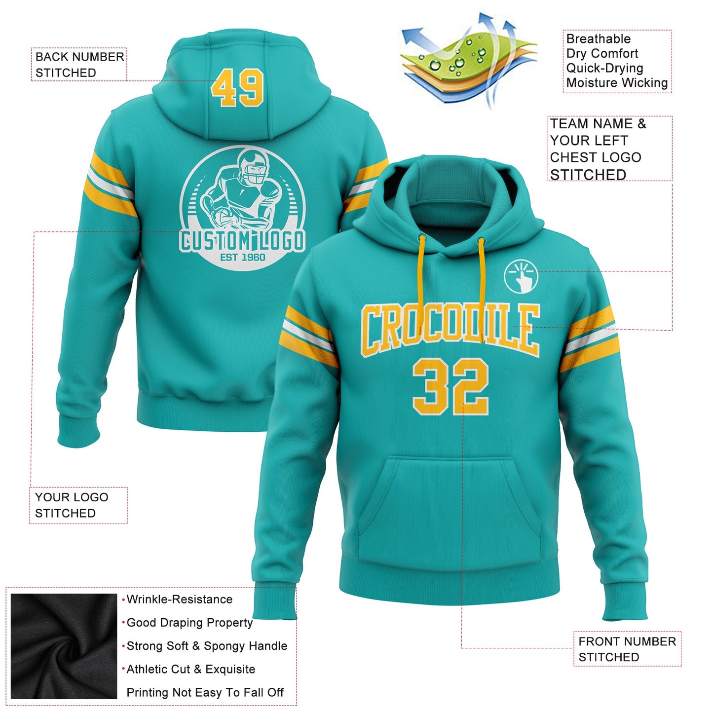 Custom Stitched Aqua Gold-White Football Pullover Sweatshirt Hoodie view 2