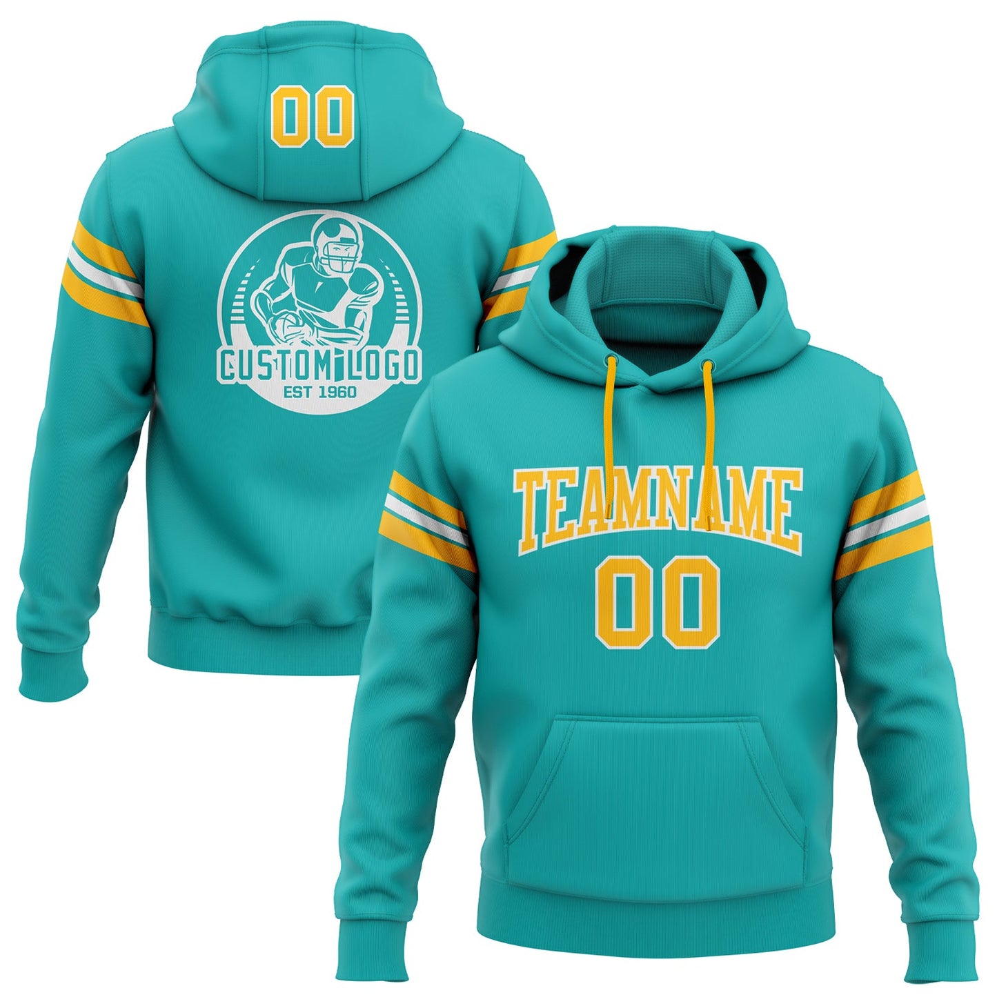 Custom Stitched Aqua Gold-White Football Pullover Sweatshirt Hoodie - Main View