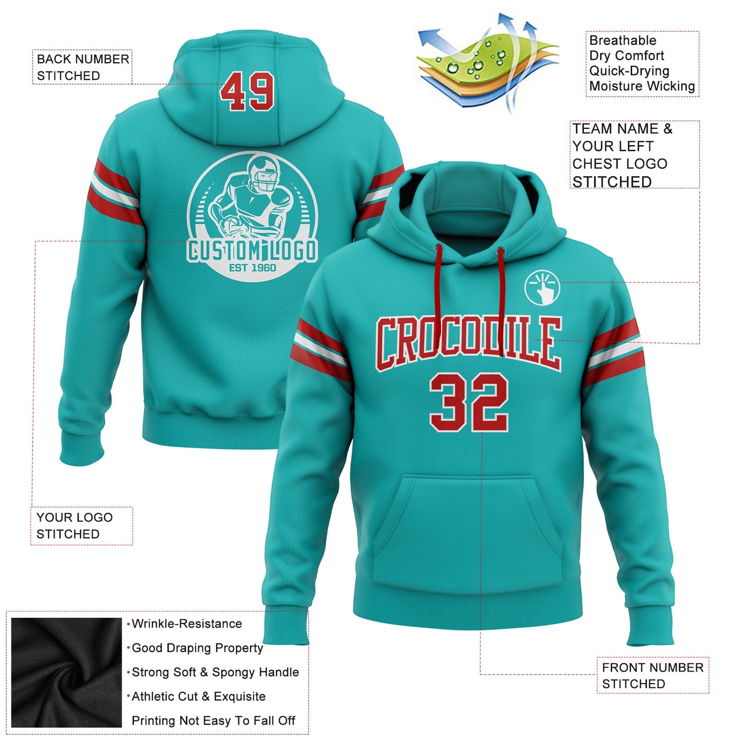 Custom Stitched Aqua Red-White Football Pullover Sweatshirt Hoodie view 2