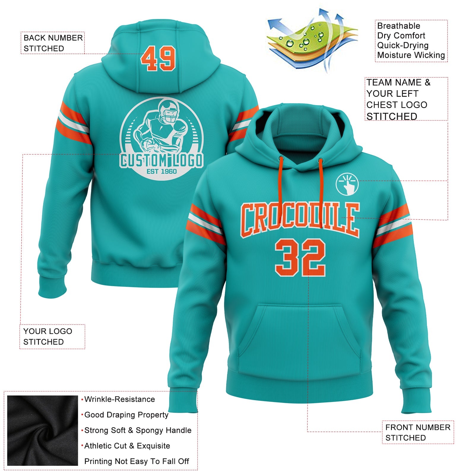 Custom Stitched Aqua Orange-White Football Pullover Sweatshirt Hoodie view 2