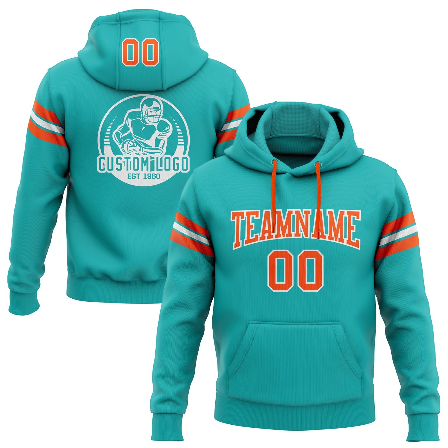 Custom Stitched Aqua Orange-White Football Pullover Sweatshirt Hoodie - Main View