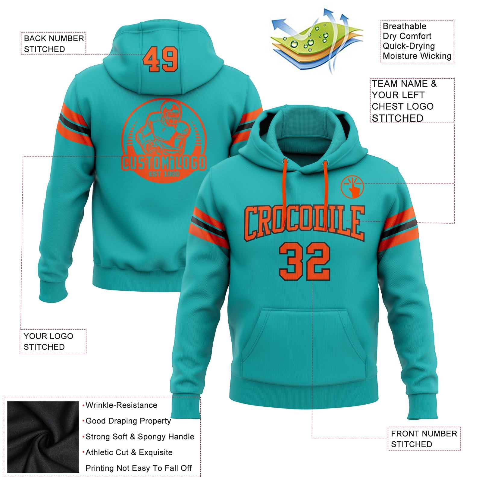 Custom Stitched Aqua Orange-Black Football Pullover Sweatshirt Hoodie view 2