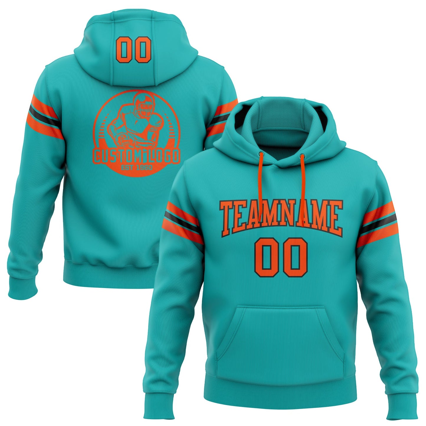 Custom Stitched Aqua Orange-Black Football Pullover Sweatshirt Hoodie - Main View
