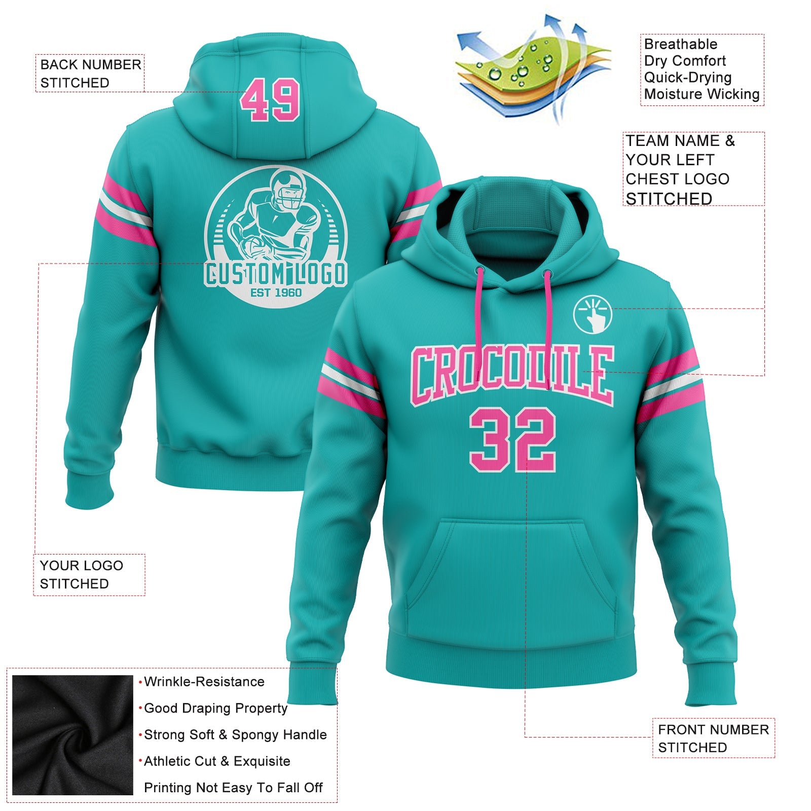 Custom Stitched Aqua Pink-White Football Pullover Sweatshirt Hoodie view 2
