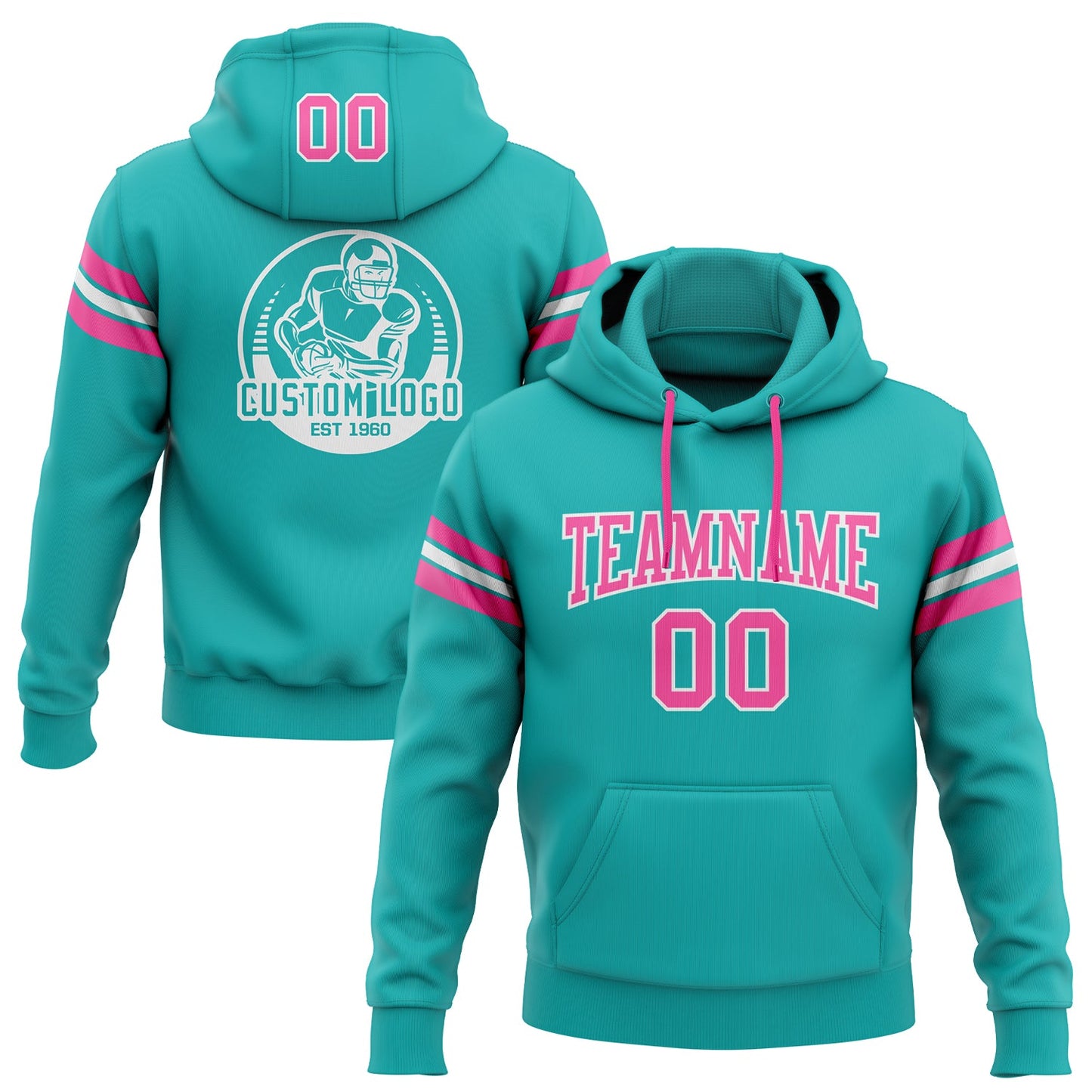 Custom Stitched Aqua Pink-White Football Pullover Sweatshirt Hoodie - Main View