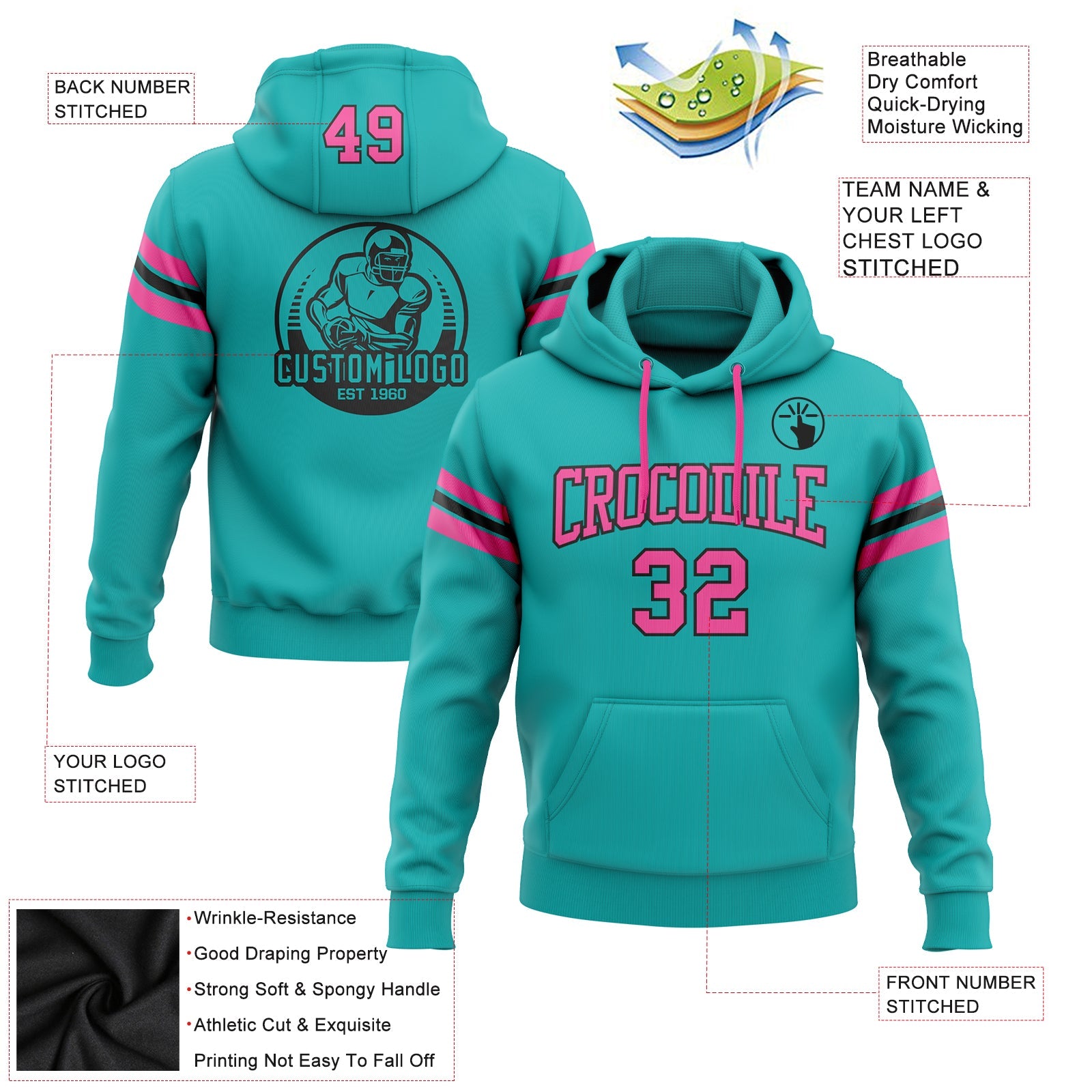 Custom Stitched Aqua Pink-Black Football Pullover Sweatshirt Hoodie view 2
