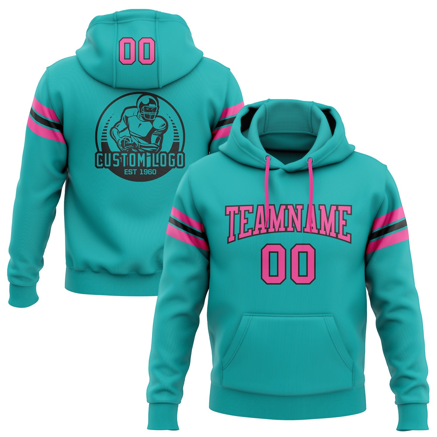 Custom Stitched Aqua Pink-Black Football Pullover Sweatshirt Hoodie - Main View
