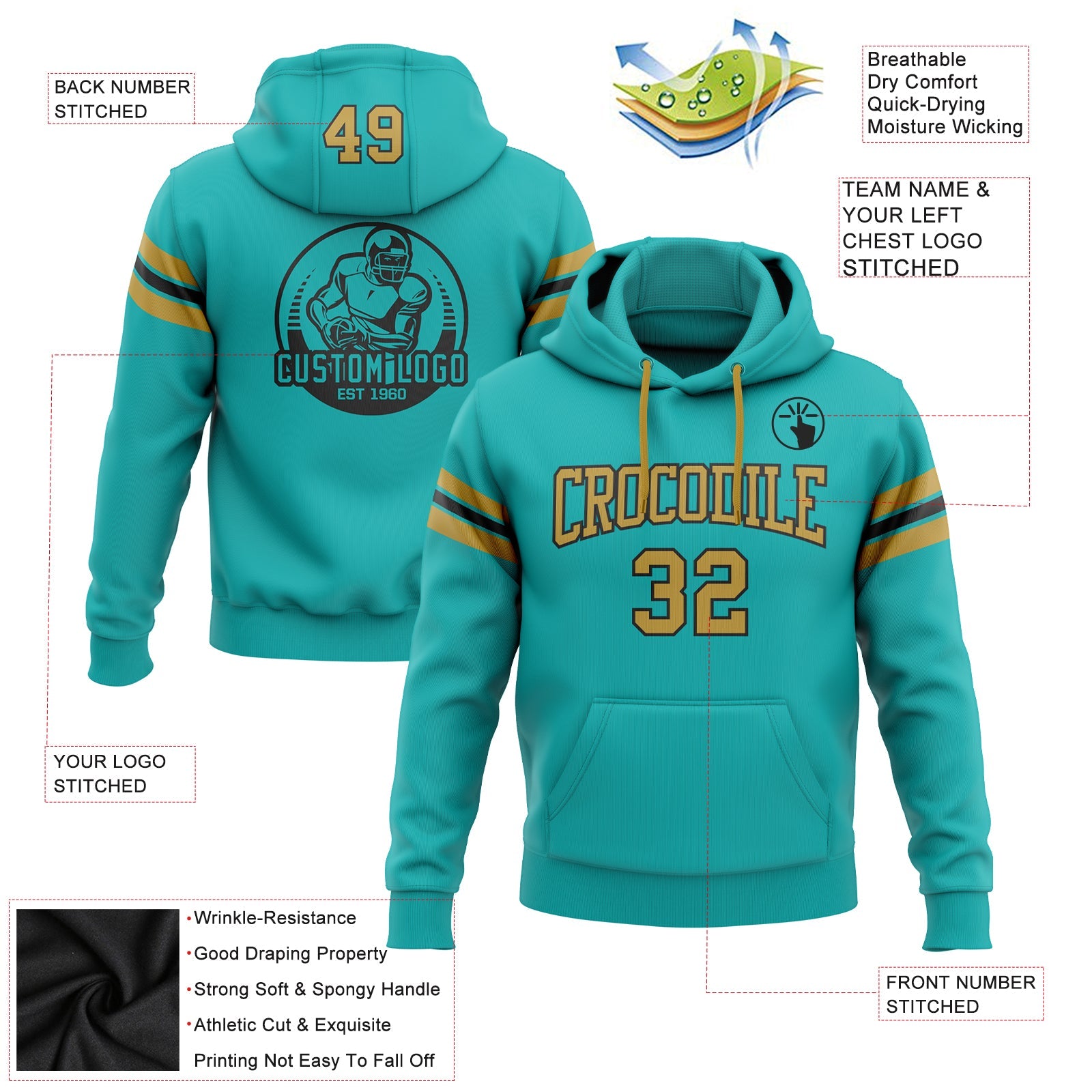 Custom Stitched Aqua Old Gold-Black Football Pullover Sweatshirt Hoodie view 2