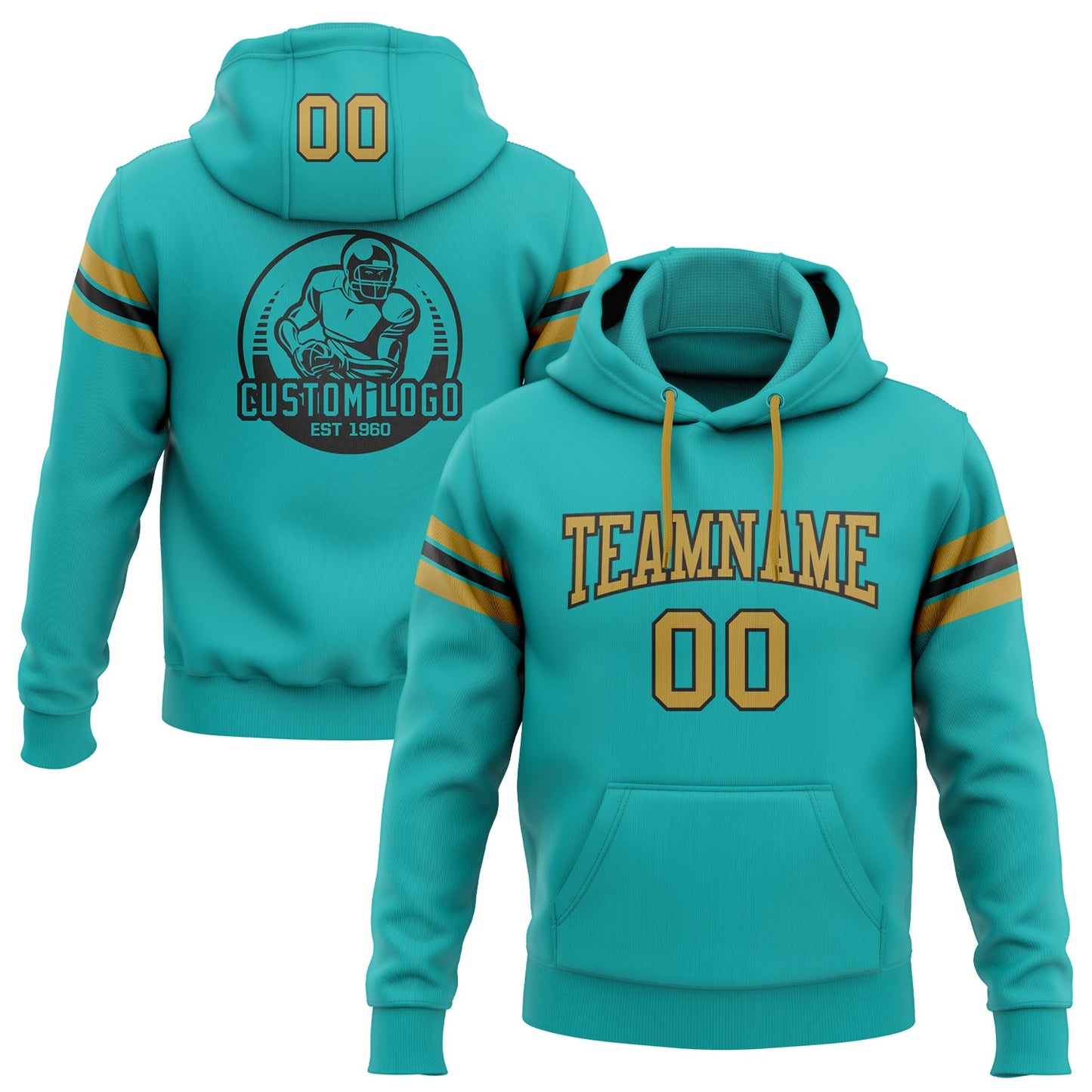 Custom Stitched Aqua Old Gold-Black Football Pullover Sweatshirt Hoodie - Main View