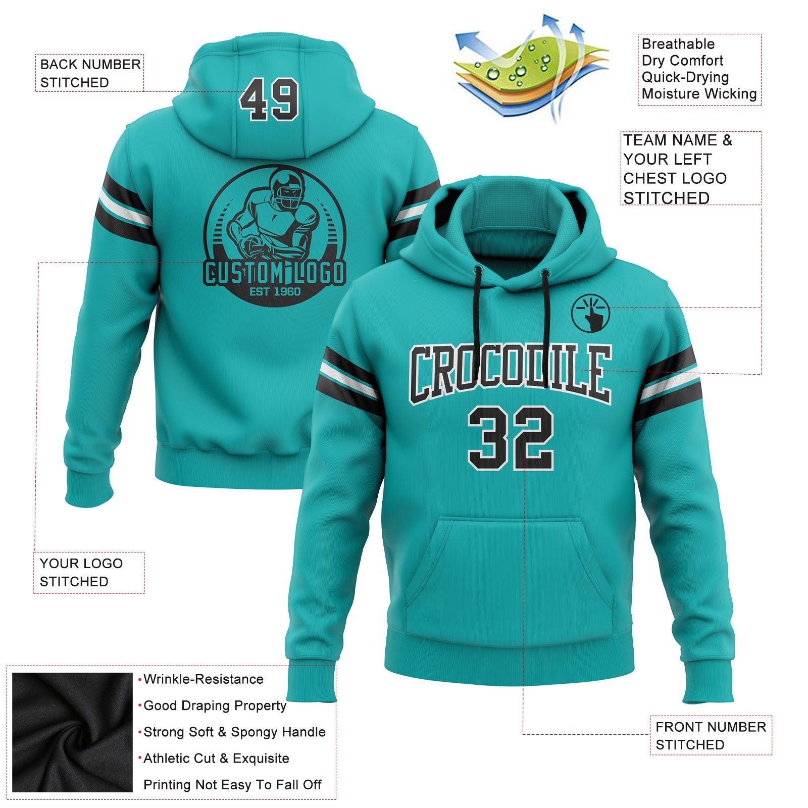 Custom Stitched Aqua Black-White Football Pullover Sweatshirt Hoodie view 2