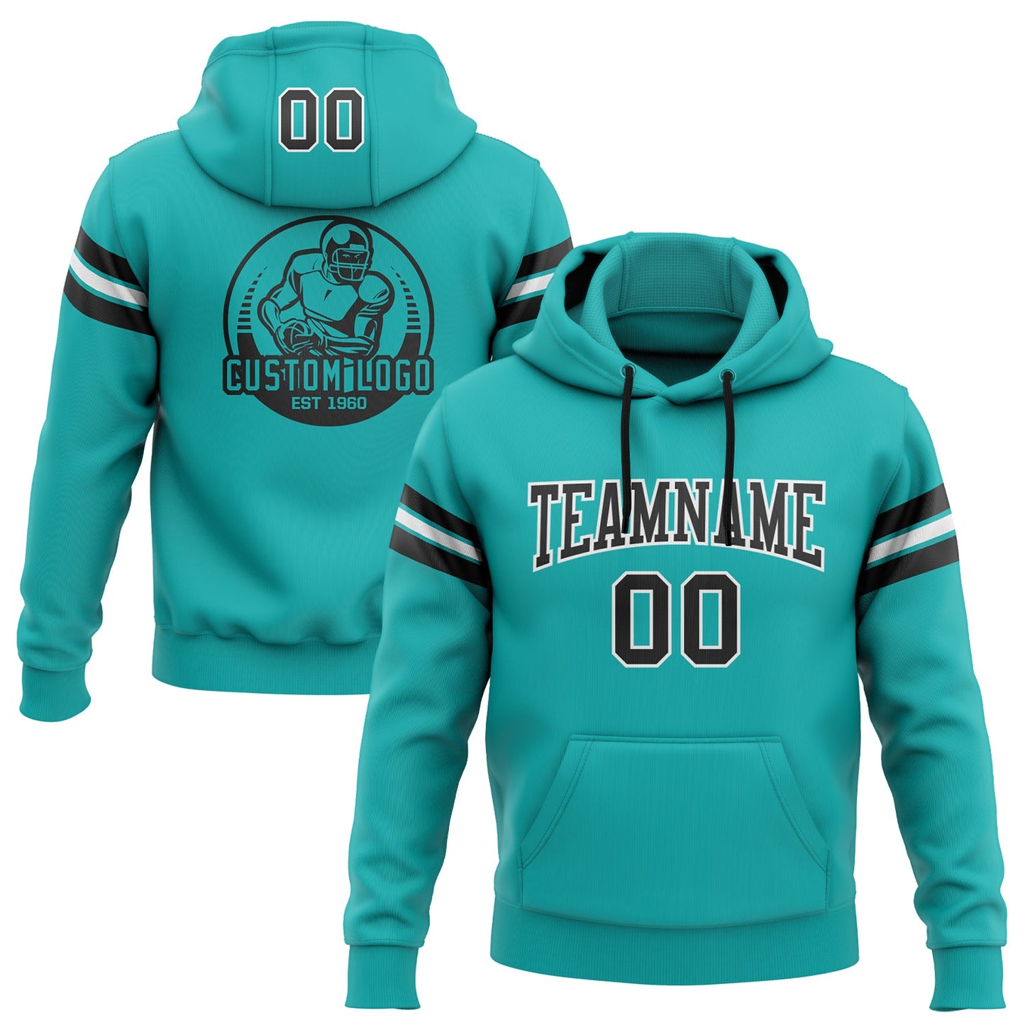 Custom Stitched Aqua Black-White Football Pullover Sweatshirt Hoodie - Main View