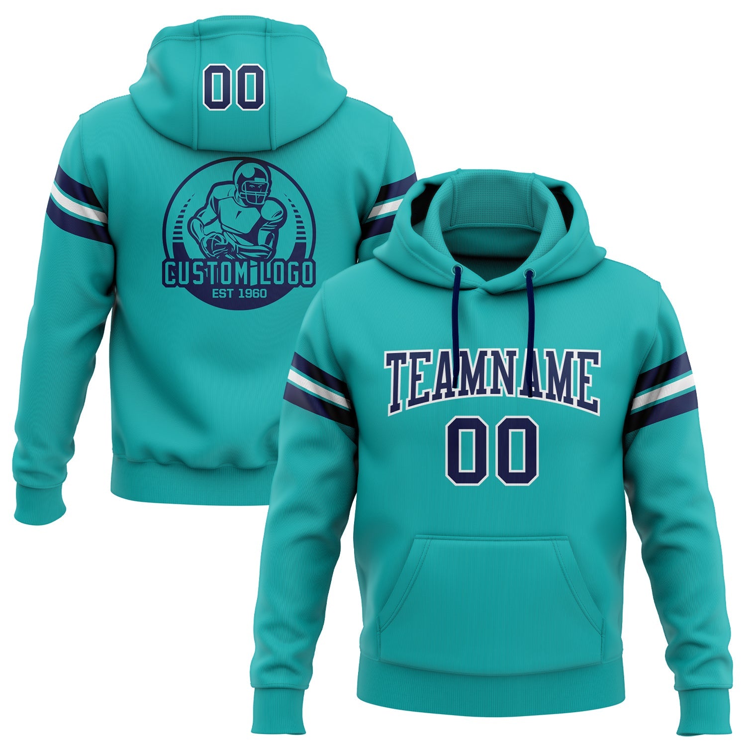Custom Stitched Aqua Navy-White Football Pullover Sweatshirt Hoodie - Main View