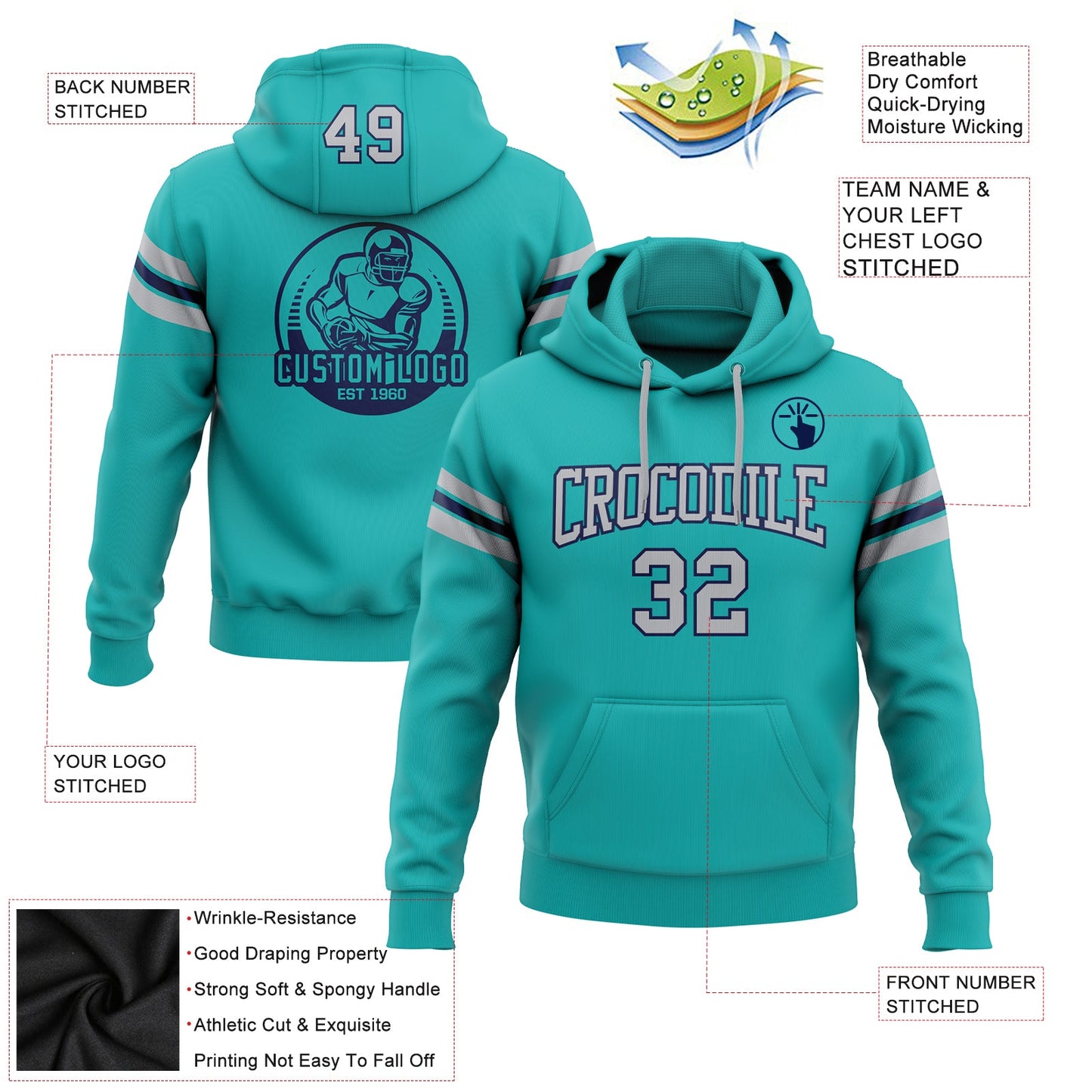 Custom Stitched Aqua Gray-Navy Football Pullover Sweatshirt Hoodie view 2