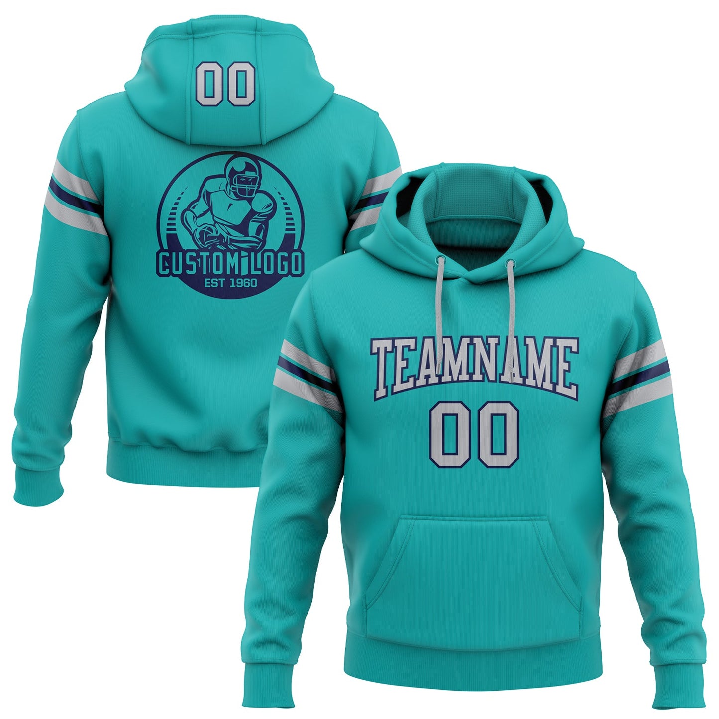Custom Stitched Aqua Gray-Navy Football Pullover Sweatshirt Hoodie - Main View