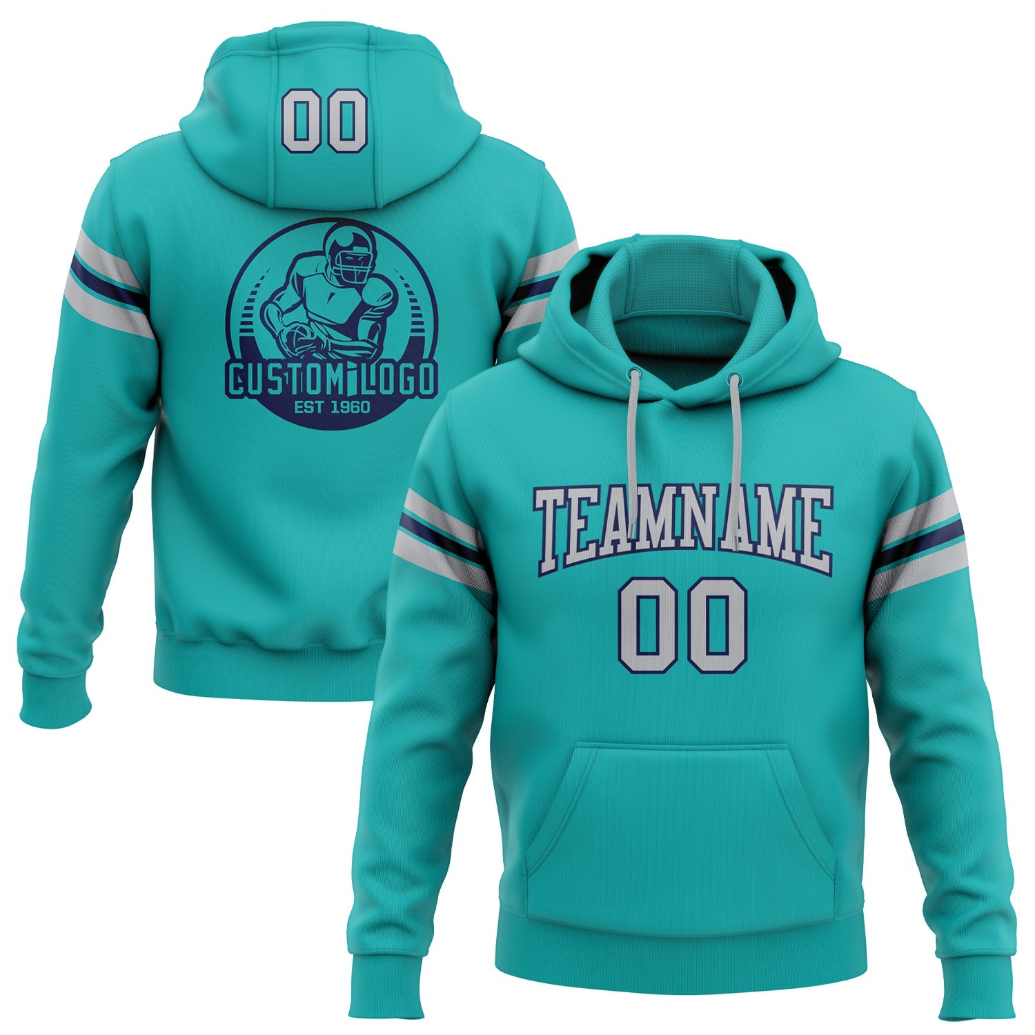 Custom Stitched Aqua Gray-Navy Football Pullover Sweatshirt Hoodie - Main View