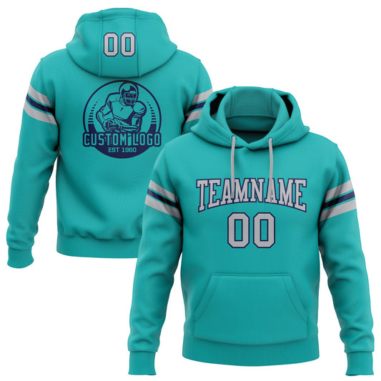Custom Stitched Aqua Gray-Navy Football Pullover Sweatshirt Hoodie - Main View