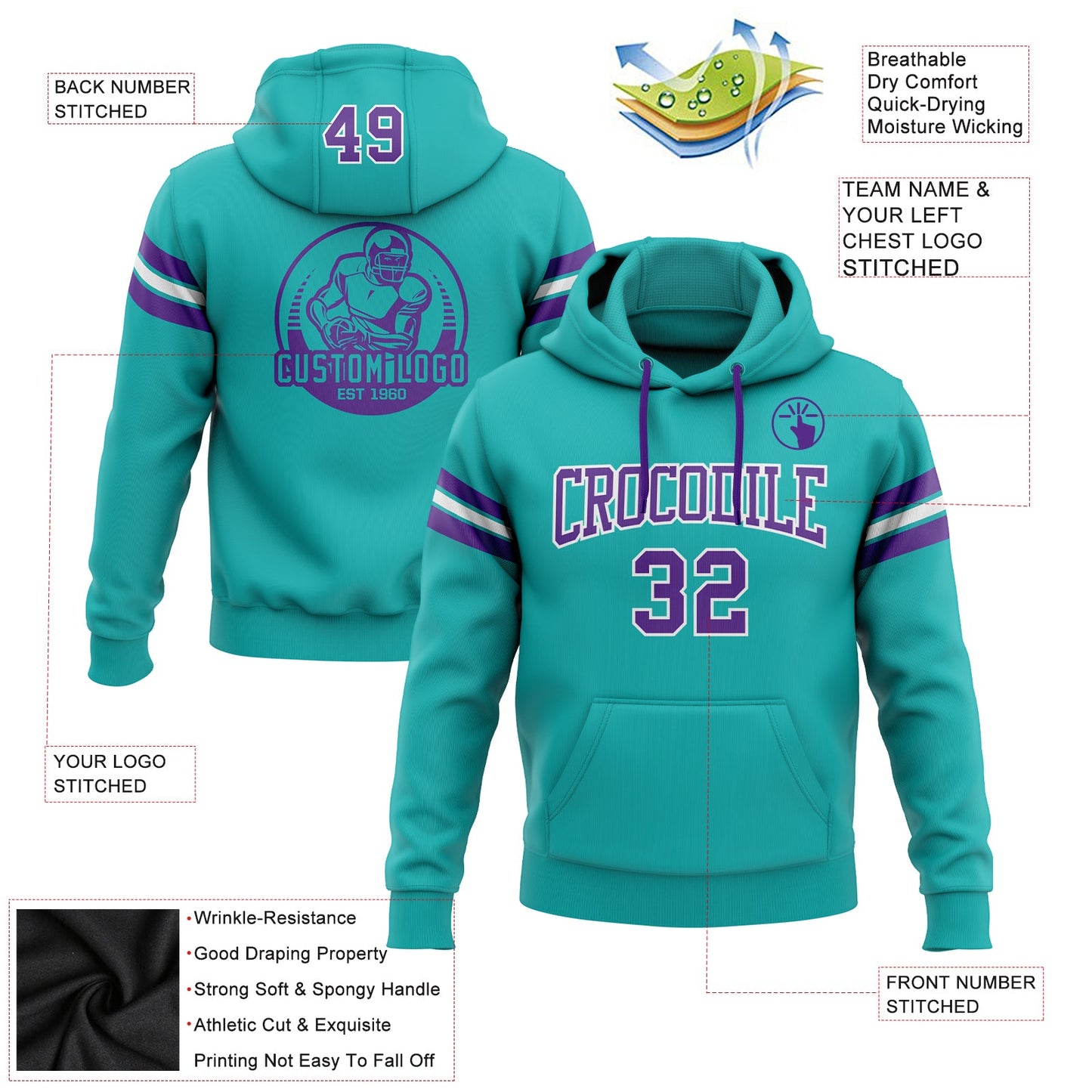 Custom Stitched Aqua Purple-White Football Pullover Sweatshirt Hoodie view 2