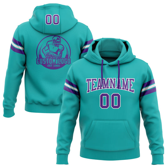 Custom Stitched Aqua Purple-White Football Pullover Sweatshirt Hoodie - Main View