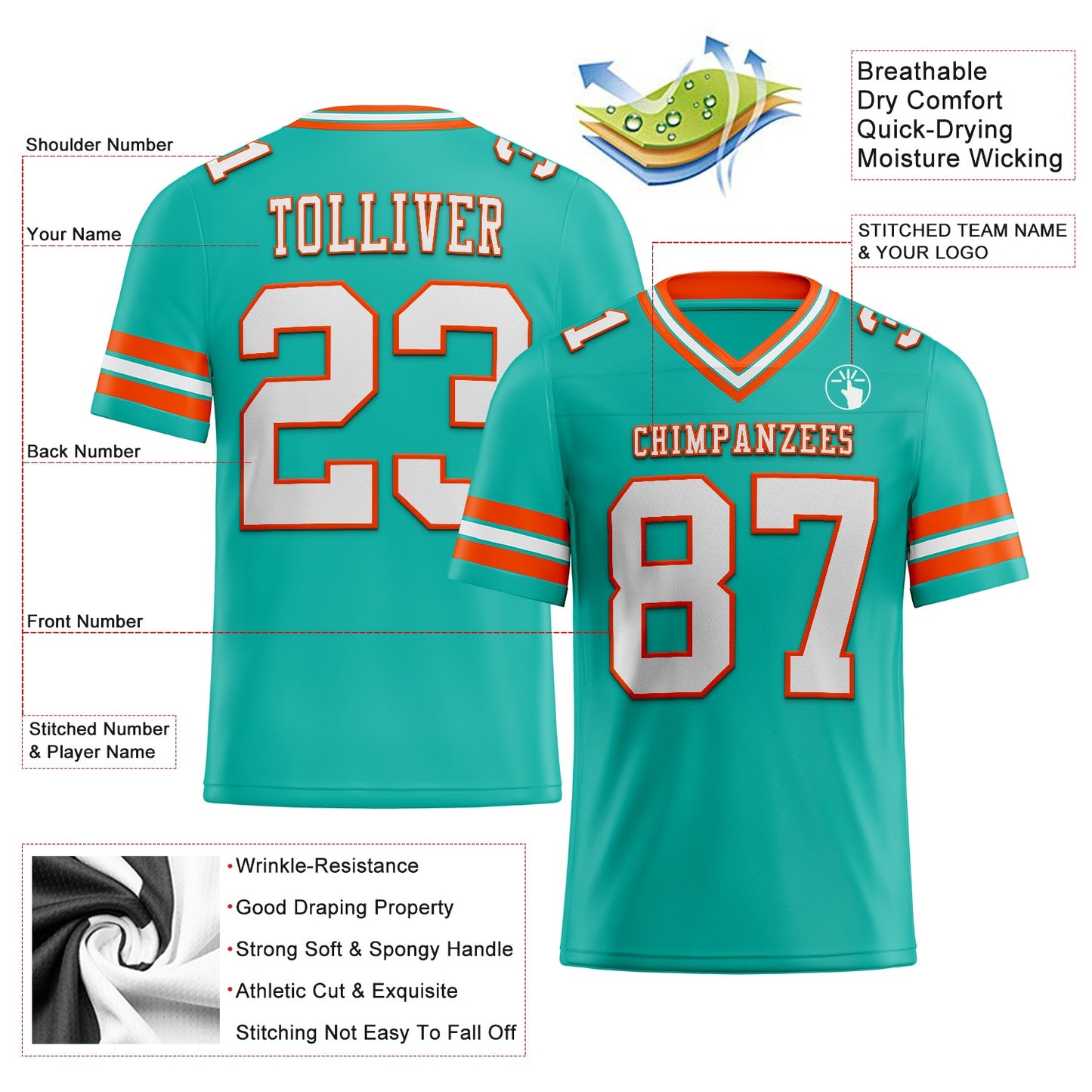 Custom Aqua White-Orange Authentic Football Jersey view 2