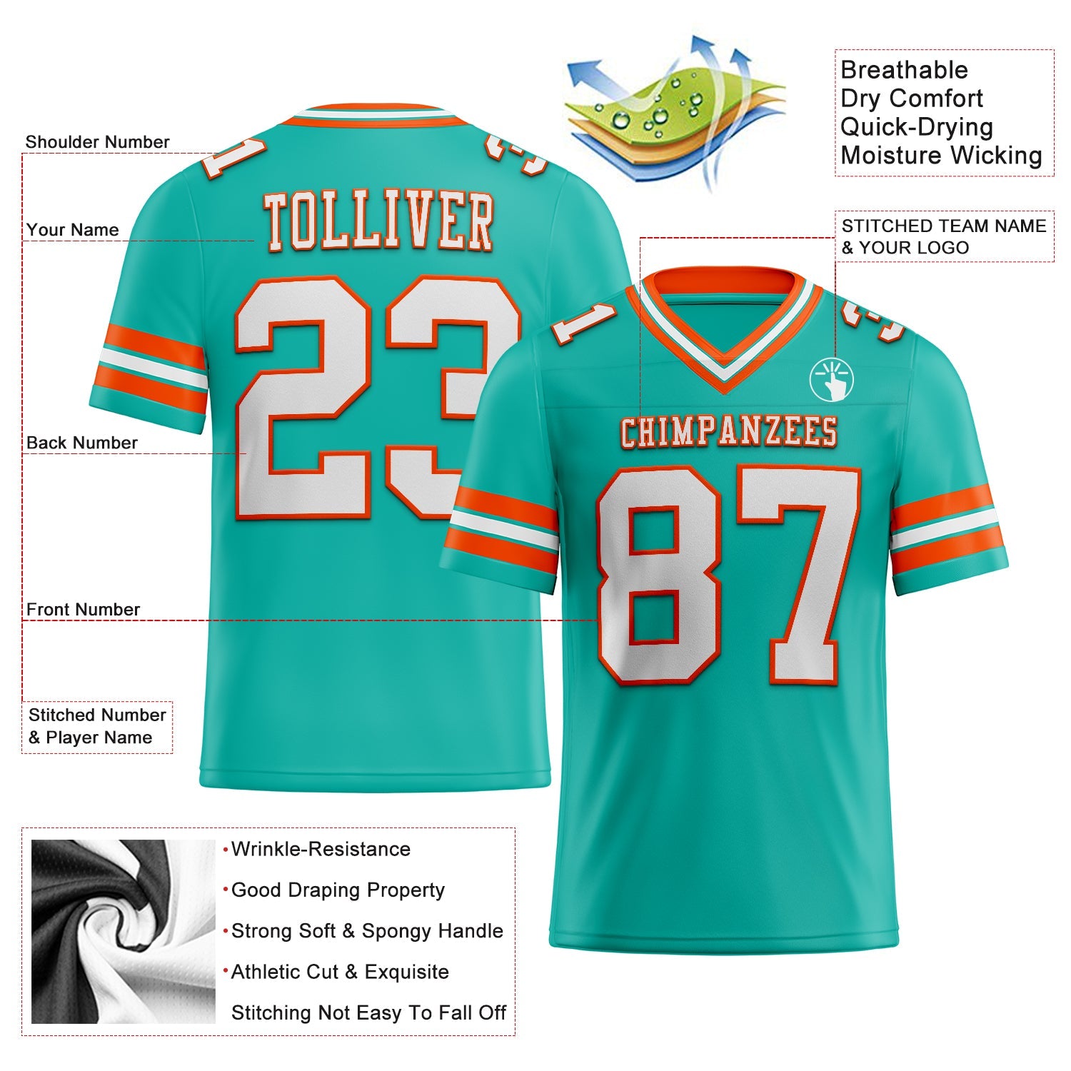 Custom Aqua White-Orange Authentic Football Jersey view 2