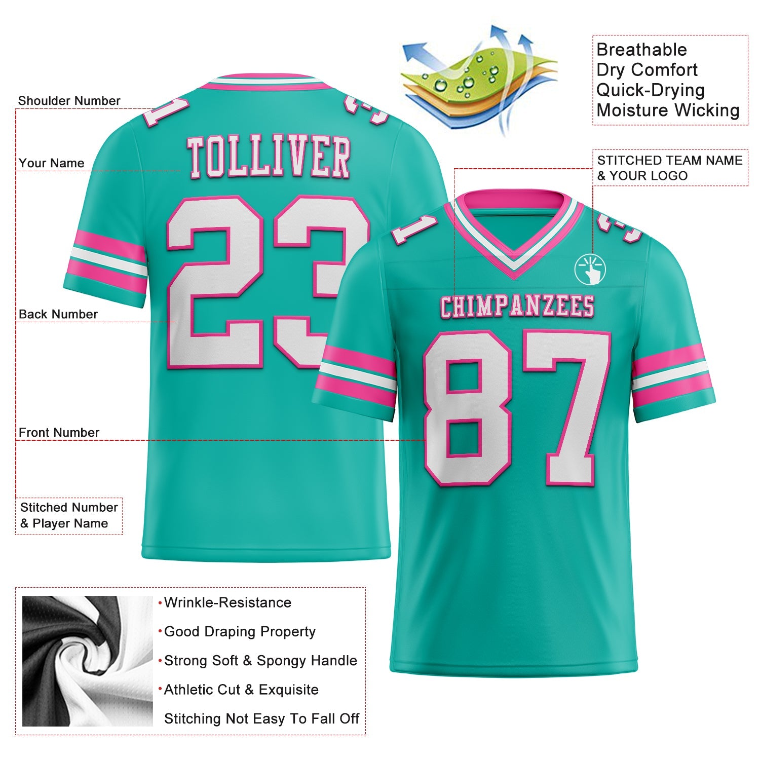 Custom Aqua White-Pink Authentic Football Jersey view 2