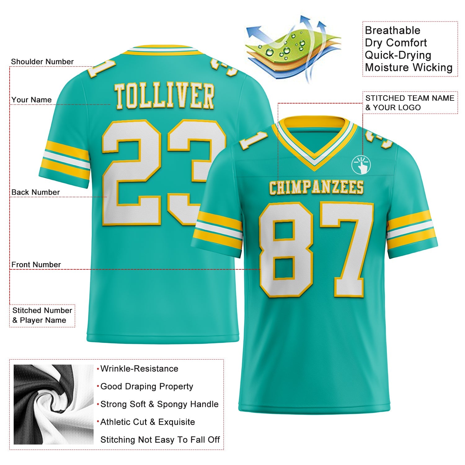 Custom Aqua White-Yellow Authentic Football Jersey view 2