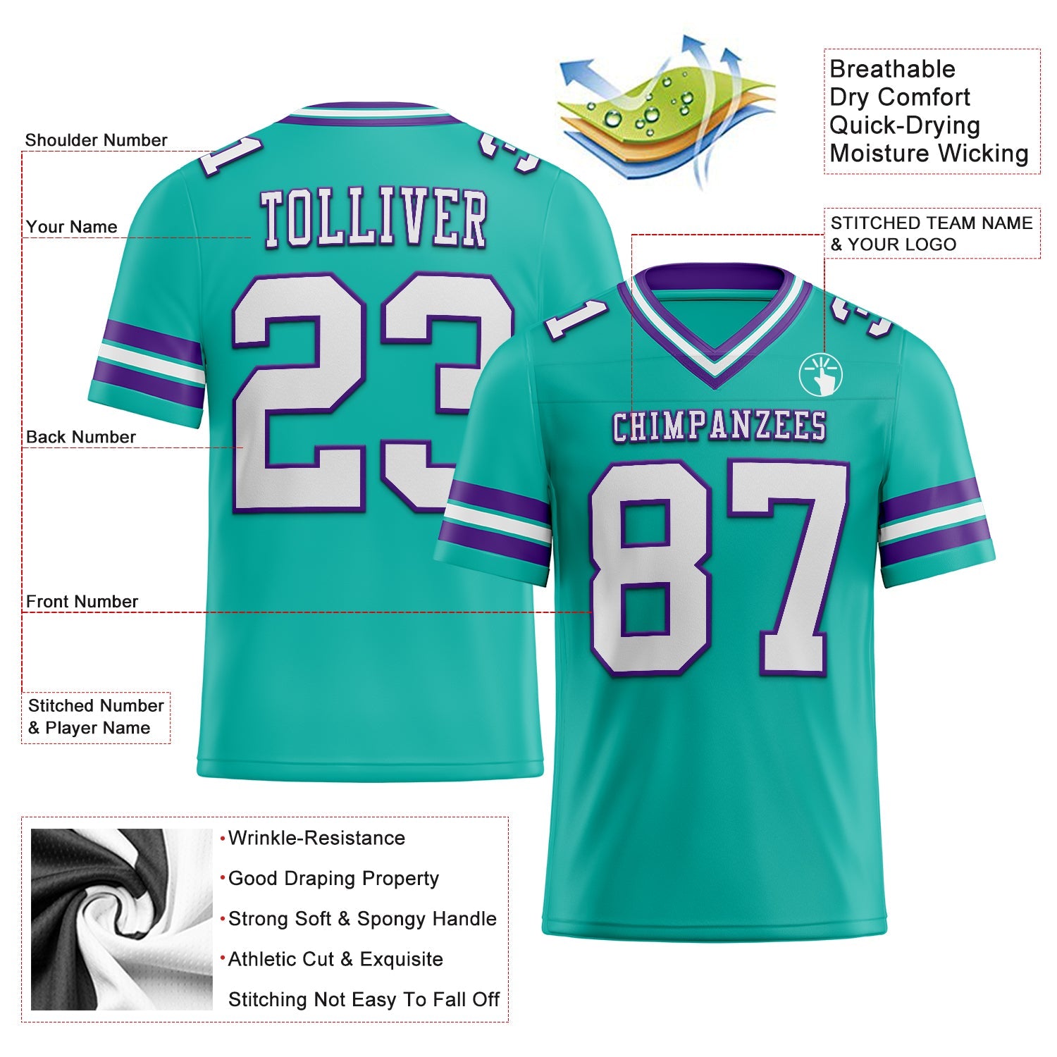 Custom Aqua White-Purple Authentic Football Jersey view 2