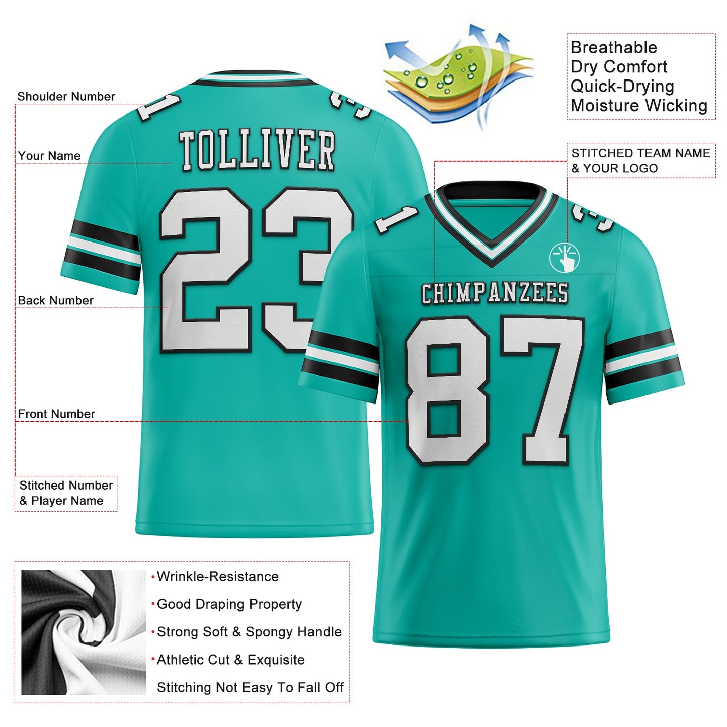 Custom Aqua White-Black Authentic Football Jersey view 2