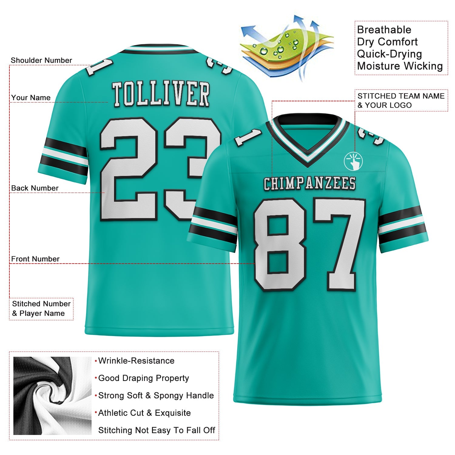 Custom Aqua White-Black Authentic Football Jersey view 2