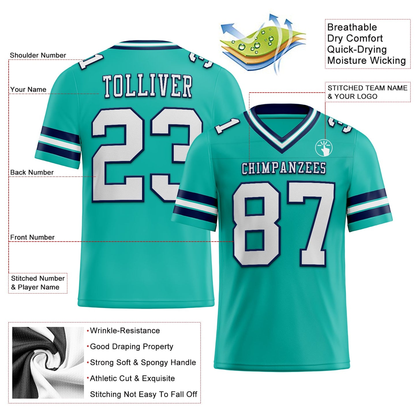 Custom Aqua White-Navy Authentic Football Jersey view 2