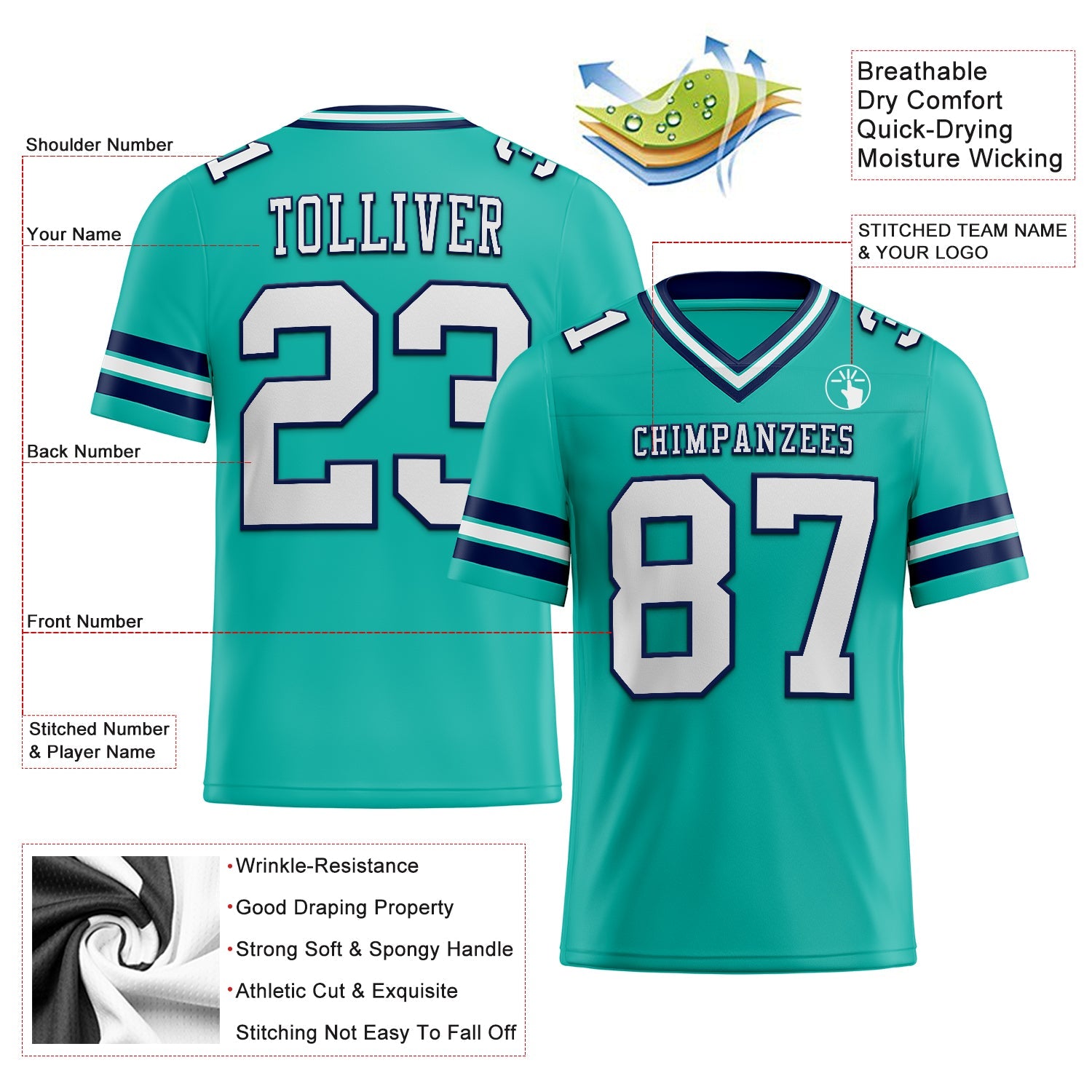 Custom Aqua White-Navy Authentic Football Jersey view 2
