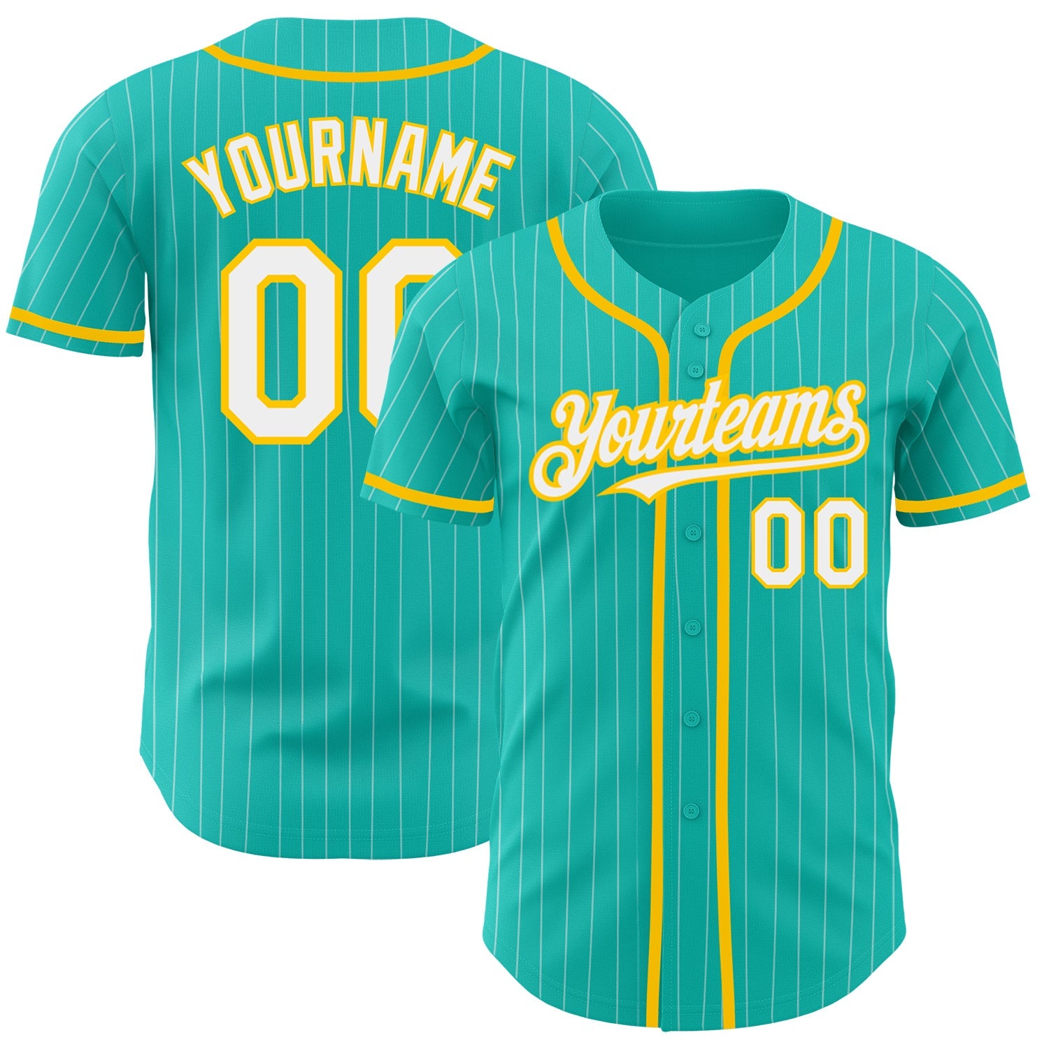 Custom Aqua White Pinstripe White-Yellow Authentic Baseball Jersey - Main View