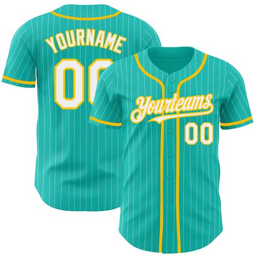 Custom Aqua White Pinstripe White-Yellow Authentic Baseball Jersey - Main View