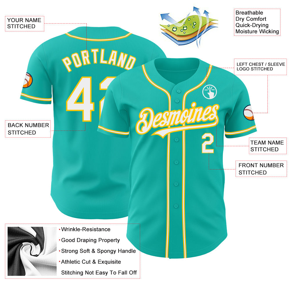 Custom Aqua White-Yellow Authentic Baseball Jersey view 3