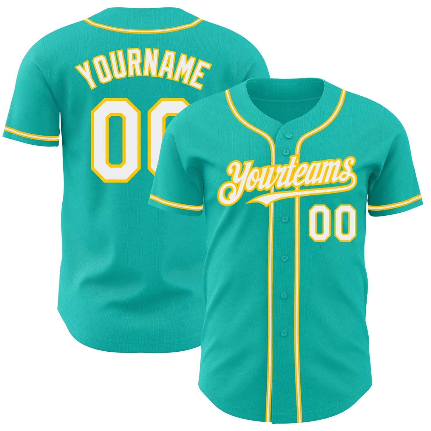 Custom Aqua White-Yellow Authentic Baseball Jersey - Main View