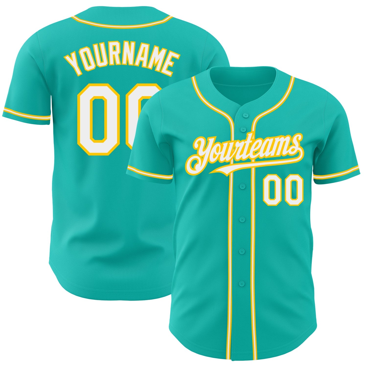 Custom Aqua White-Yellow Authentic Baseball Jersey - Main View
