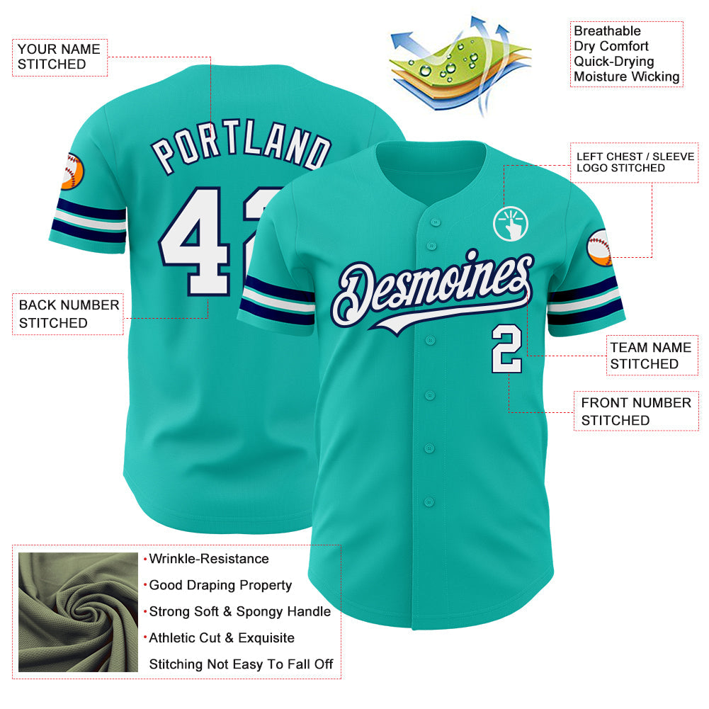 Custom Aqua White-Navy Authentic Baseball Jersey view 3