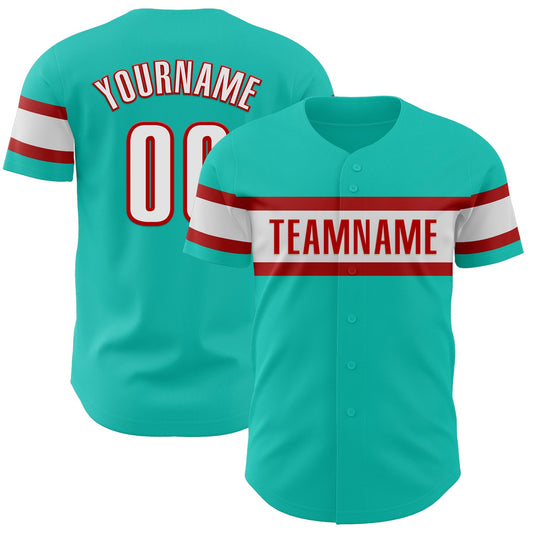 Custom Aqua White-Red Authentic Baseball Jersey - Main View