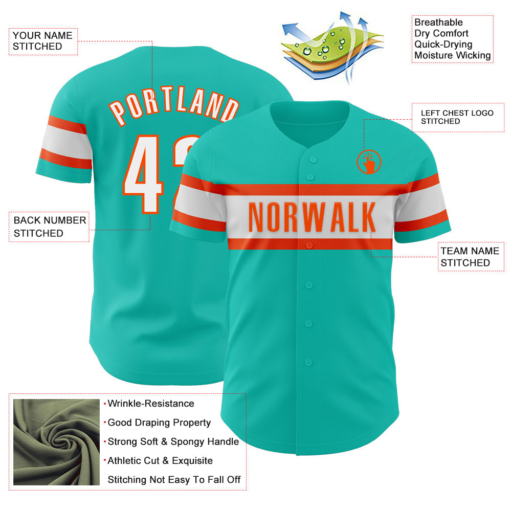 Custom Aqua White-Orange Authentic Baseball Jersey view 3