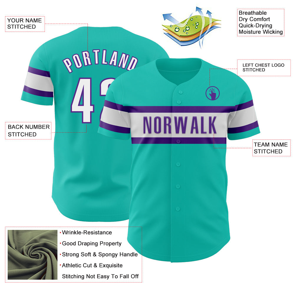 Custom Aqua White-Purple Authentic Baseball Jersey view 3