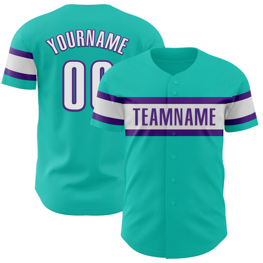 Custom Aqua White-Purple Authentic Baseball Jersey - Main View
