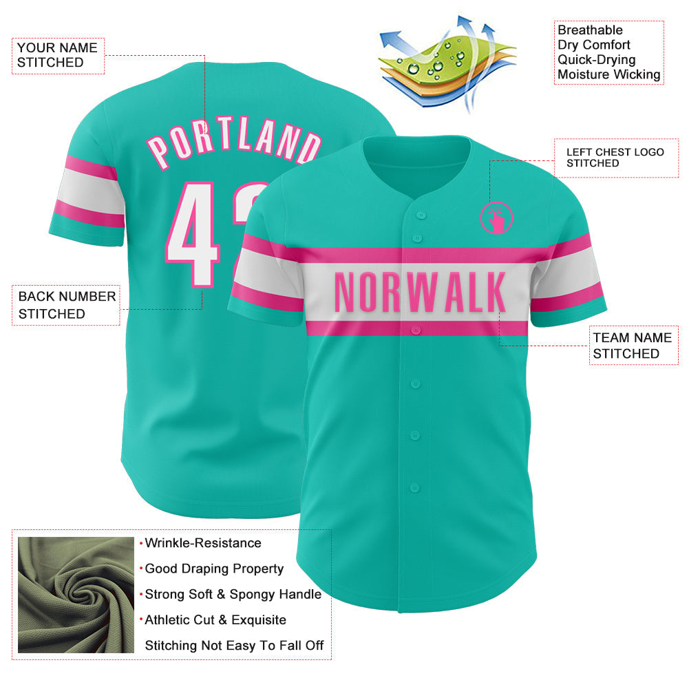 Custom Aqua White-Pink Authentic Baseball Jersey view 3