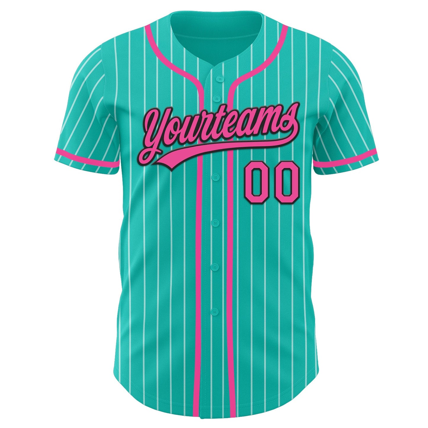 Custom Aqua White Pinstripe Pink-Black Authentic Baseball Jersey view 2