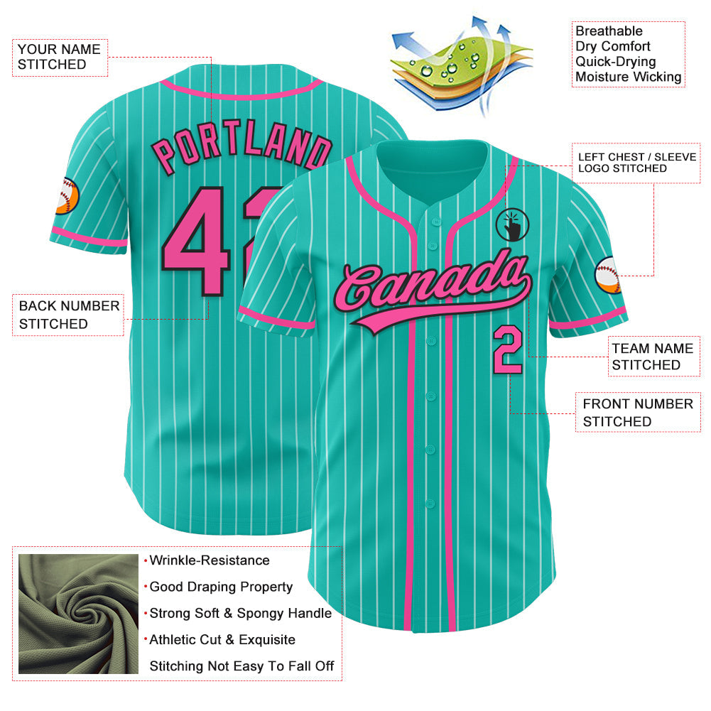 Custom Aqua White Pinstripe Pink-Black Authentic Baseball Jersey view 3